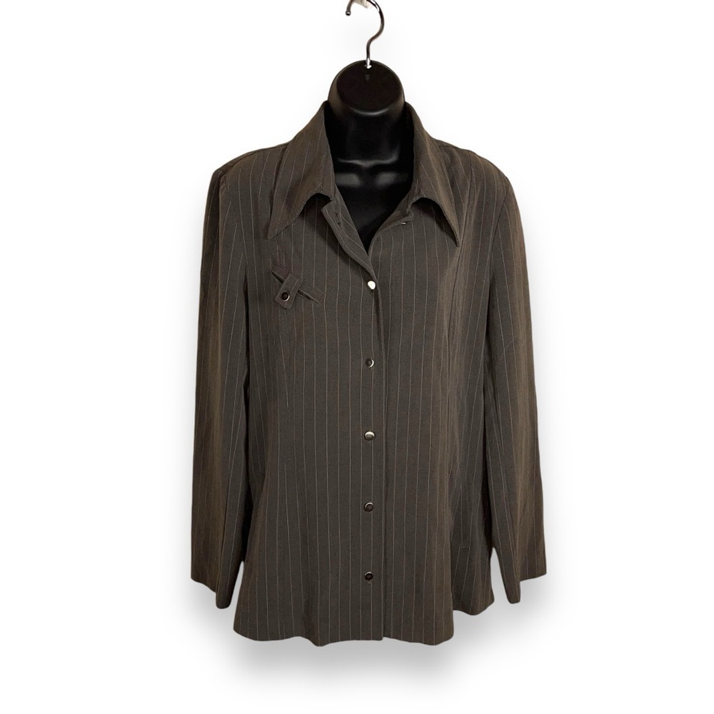 MEDIUM VINTAGE 90s GREY LONG SLEEVE BLOUSE LYNN RITCHIE PINSTRIPE